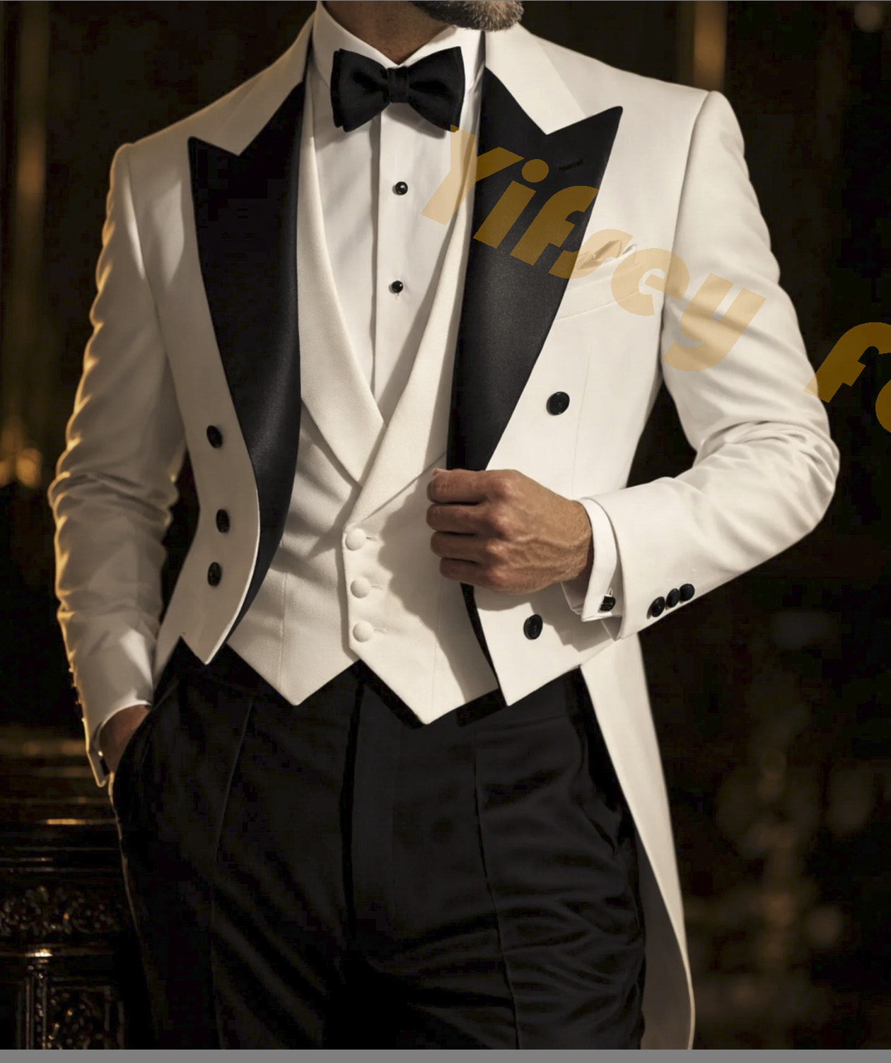 Men Grooming Outfit - Beyaz Frak Siyah Pantolon Erkek Takım