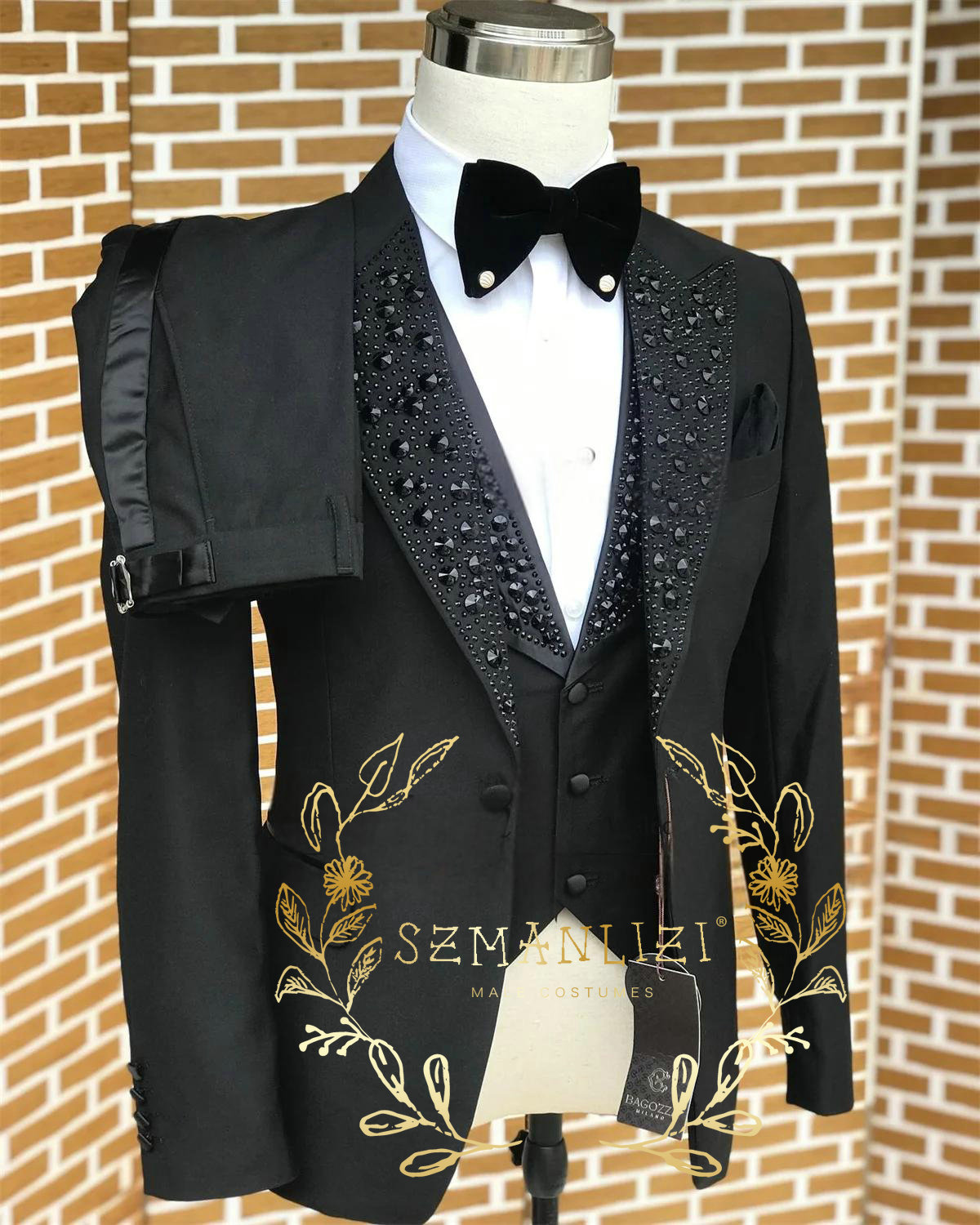 Men Grooming Outfit - Siyah Erkek Takım Elbise Lüks Taş