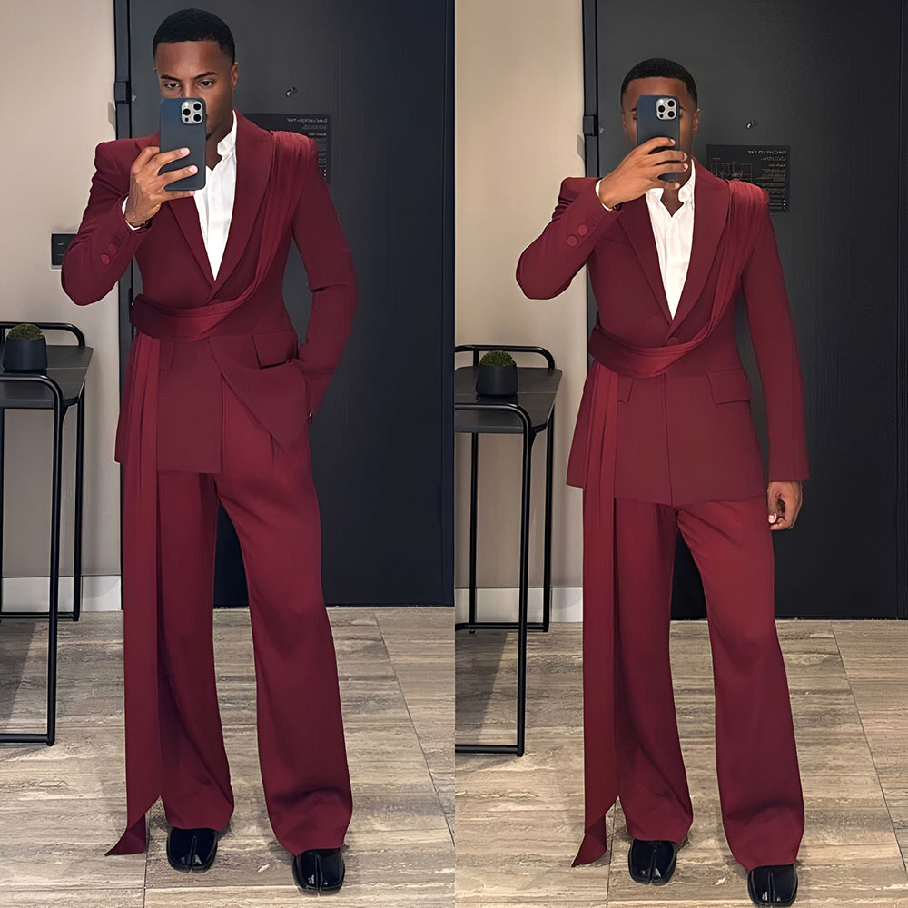 Men Grooming Outfit - Bordo Yeni erkek Takım Elbise 2